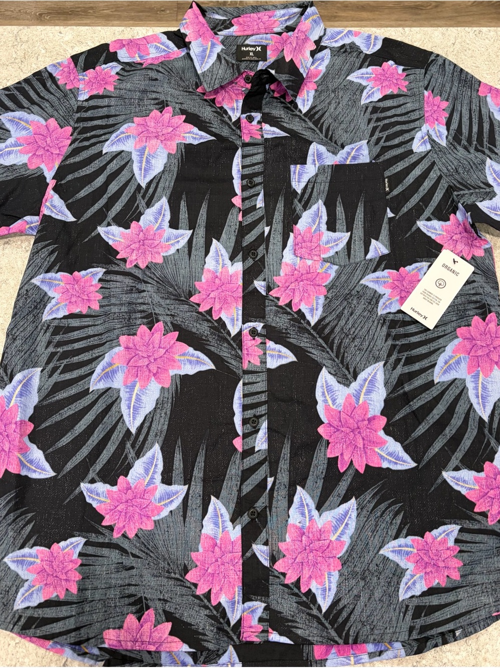 Hurley Organic Cotton Black Floral Short-Sleeve Button-Up Shirt-XL NWT